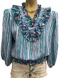 SUSAN FREIS Vintage 80s Ruffle BLOUSE Stripes and Polka Dots Size Large